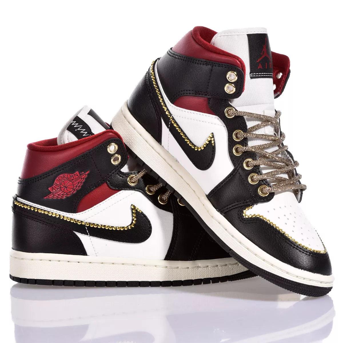 Custom Air Jordan 1 Black White And Red With Gold Rhinestones
