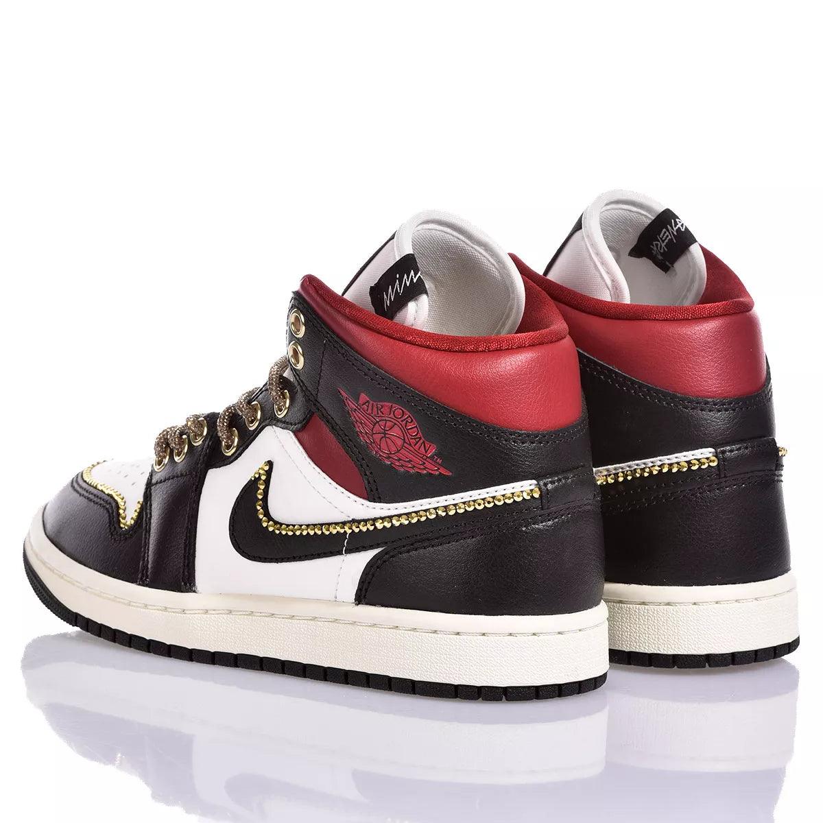 Custom Air Jordan 1 Black White And Red With Gold Rhinestones