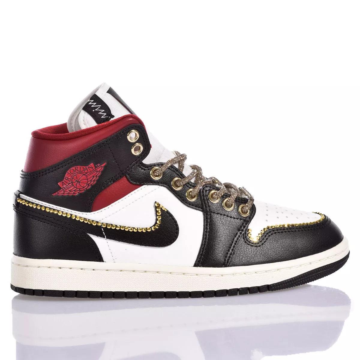 Custom Air Jordan 1 Black White And Red With Gold Rhinestones