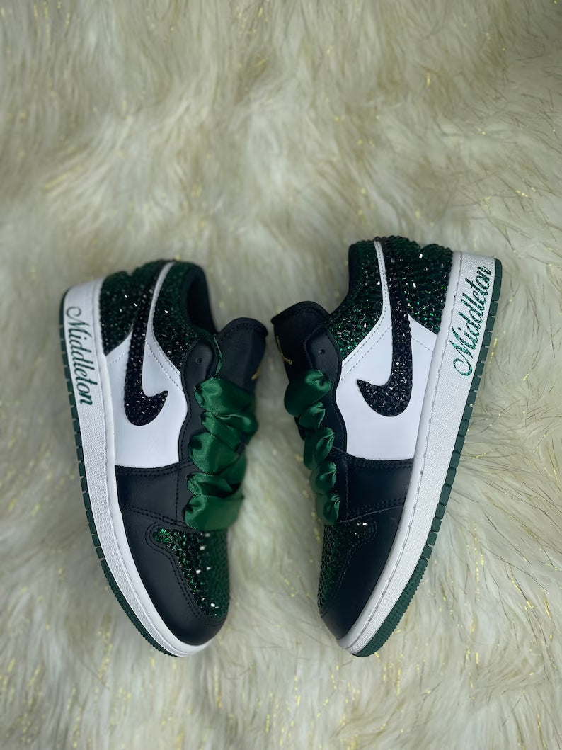 Custom Air Jordan 1 Black White Green With Glitter And Satin Laces