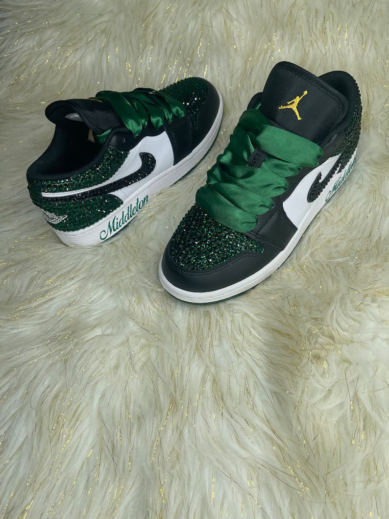 Custom Air Jordan 1 Black White Green With Glitter And Satin Laces