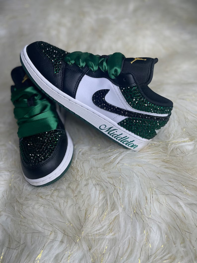 Custom Air Jordan 1 Black White Green With Glitter And Satin Laces