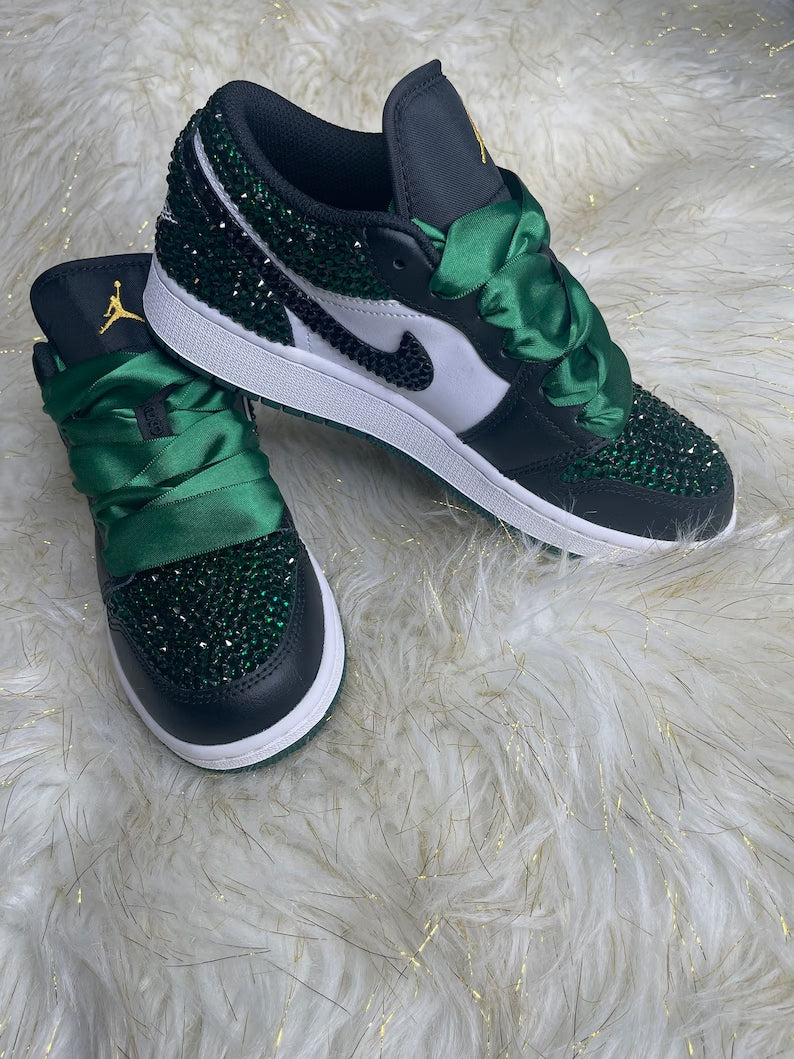 Custom Air Jordan 1 Black White Green With Glitter And Satin Laces