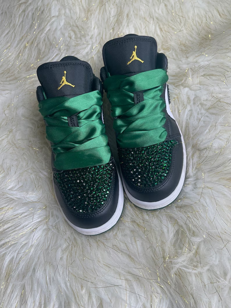 Custom Air Jordan 1 Black White Green With Glitter And Satin Laces