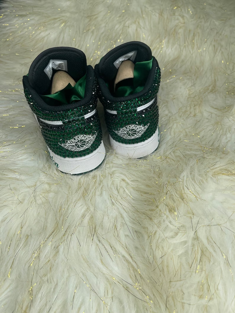 Custom Air Jordan 1 Black White Green With Glitter And Satin Laces