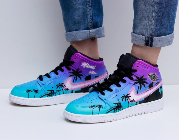 Custom Air Jordan 1 Blue-purple Gradient With Palm Tree Pattern
