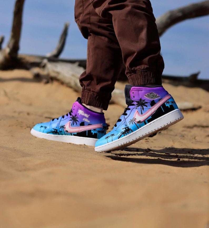 Custom Air Jordan 1 Blue-purple Gradient With Palm Tree Pattern