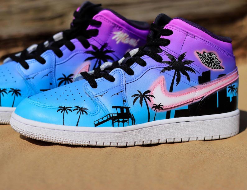 Custom Air Jordan 1 Blue-purple Gradient With Palm Tree Pattern