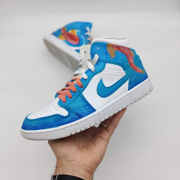 Custom Air Jordan 1 Blue Red Fish Pattern