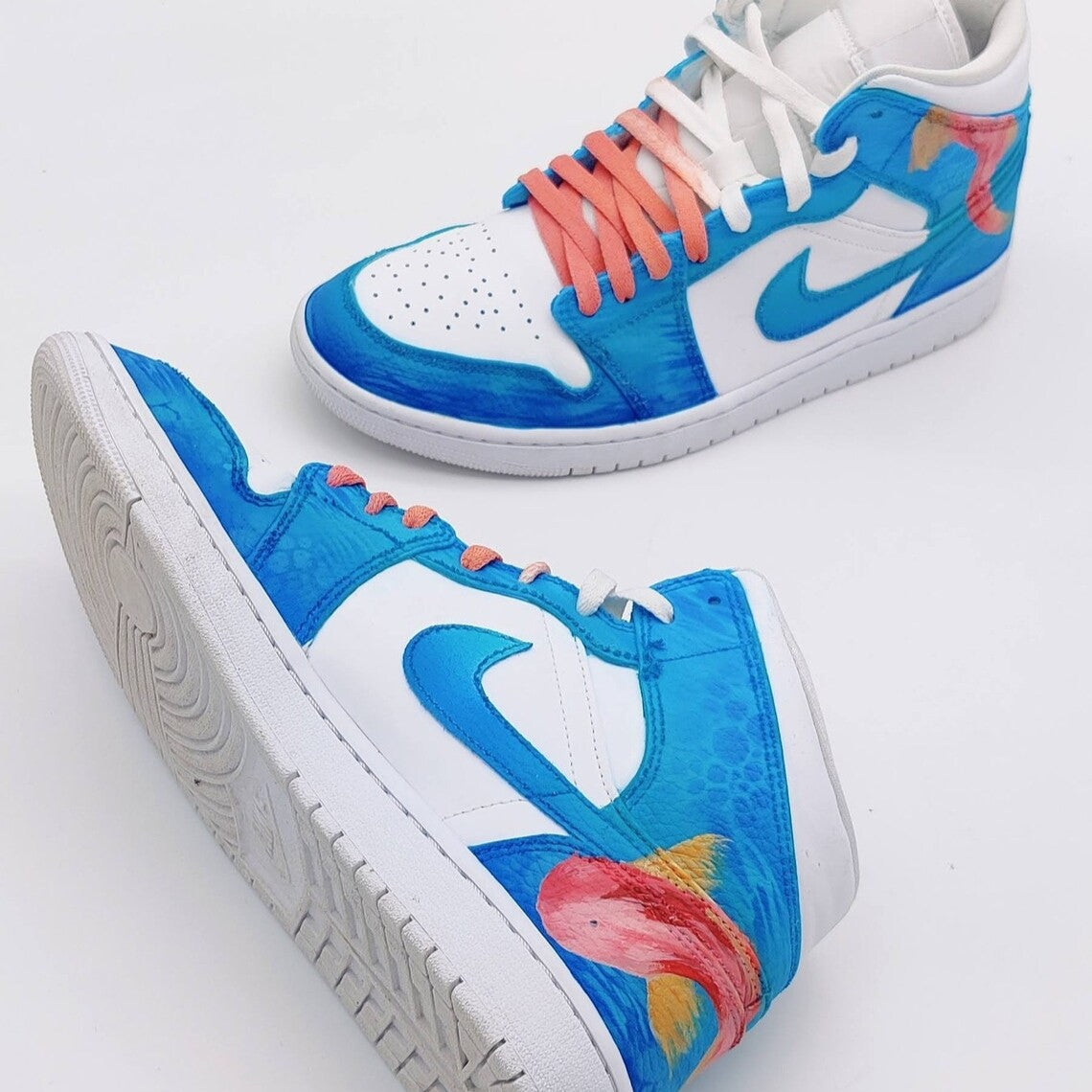 Custom Air Jordan 1 Blue Red Fish Pattern