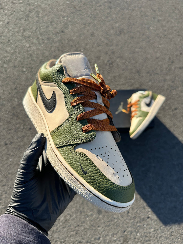 Custom Air Jordan 1 Green And Beige With Brown Laces Low