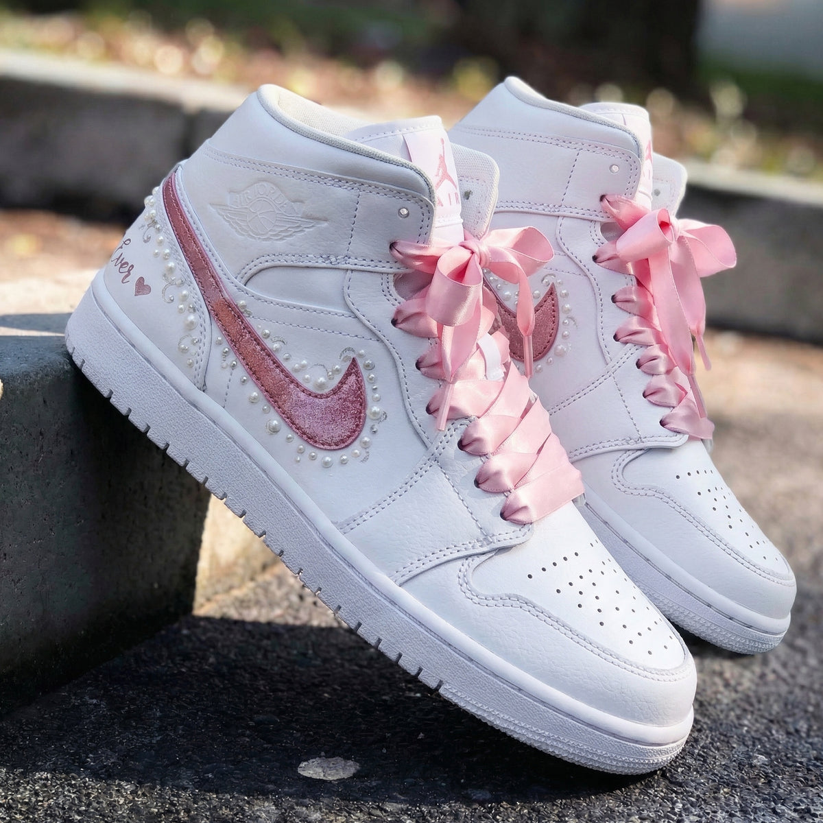 Custom Air Jordan 1 Pearls Heart Ribbon Laces White Baby Pink – Unite ...