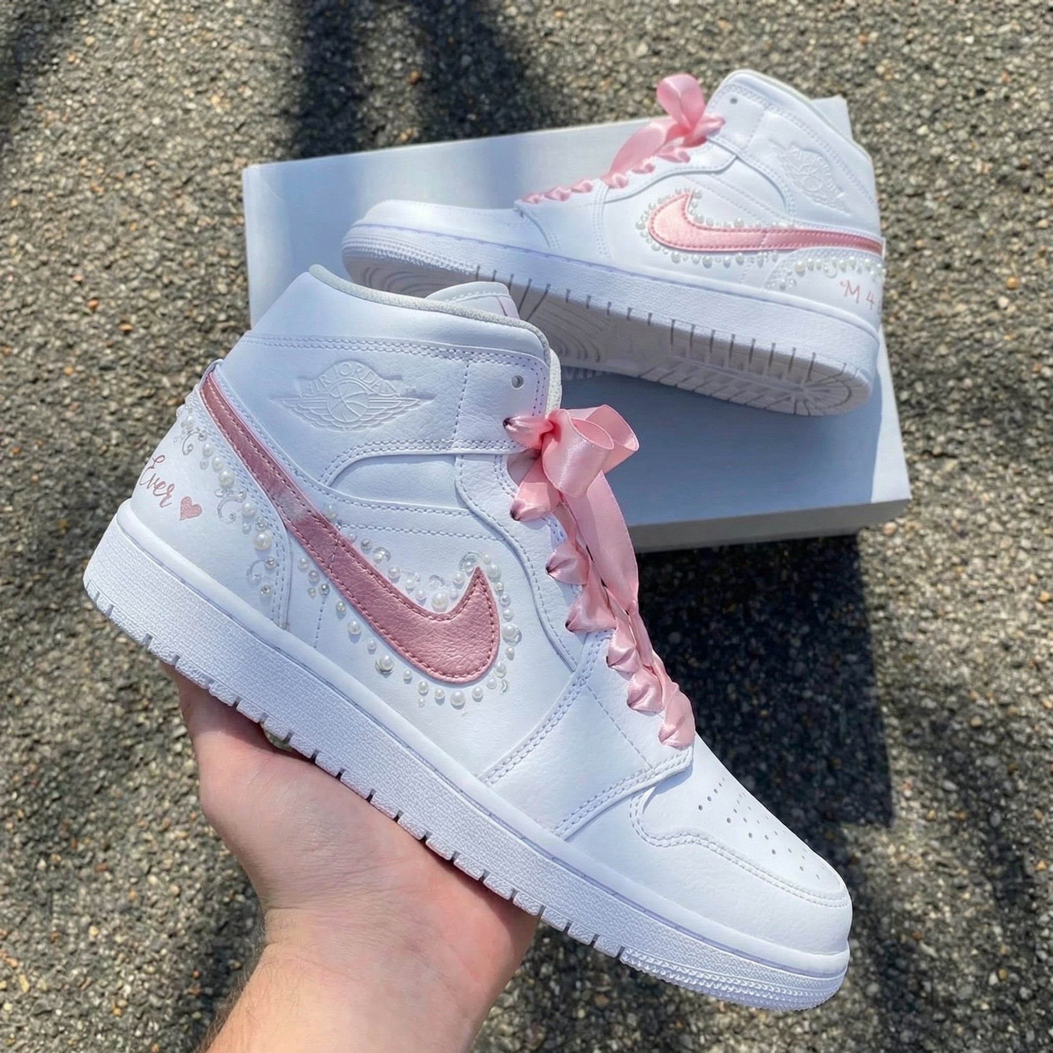 Custom Air Jordan 1 Pearls Heart Ribbon Laces White Baby Pink – Unite ...