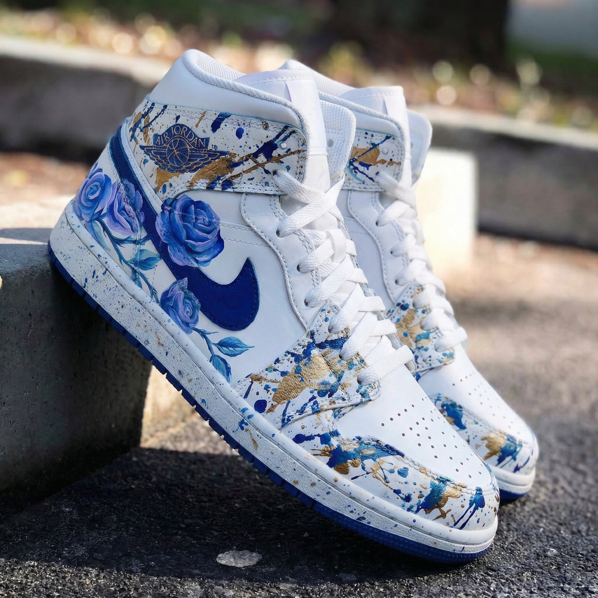 Custom Air Jordan 1 Rose Pattern Blue and Gold – Unite Custom