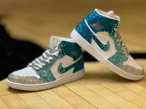 Custom Air Jordan 1 Sliver Teal With Rhinestones