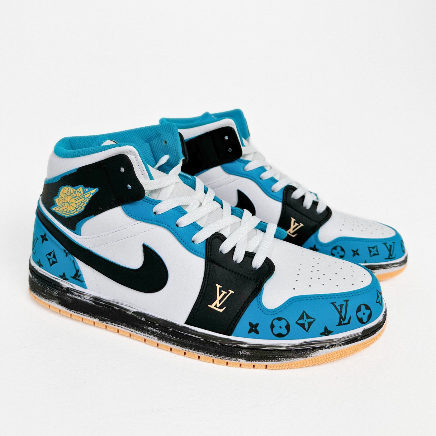 Custom Air Jordan 1 White And Blue With LV Patterns