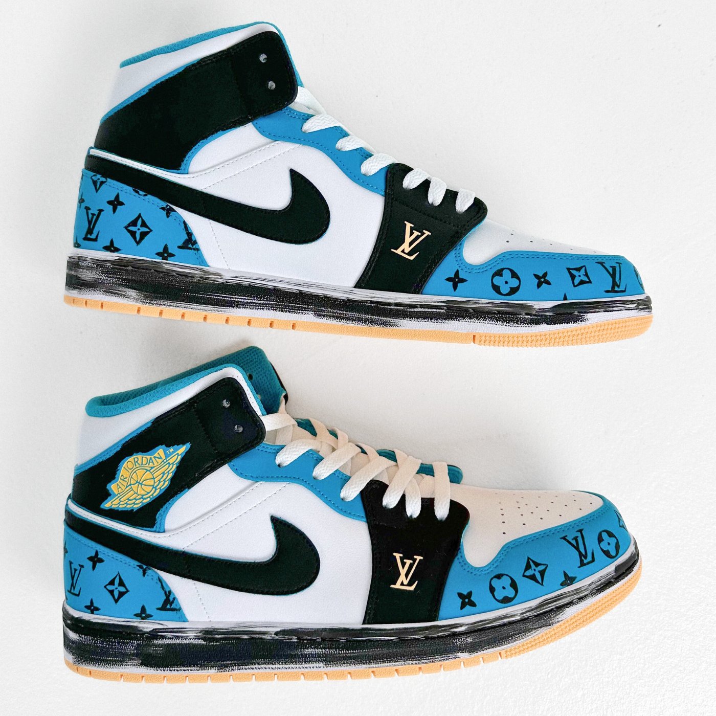Custom Air Jordan 1 White And Blue With LV Patterns
