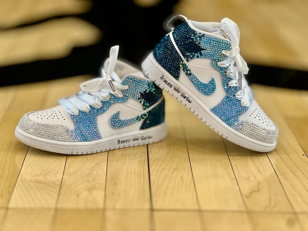 Custom Air Jordan 1 White And Teal Rhinestone Design