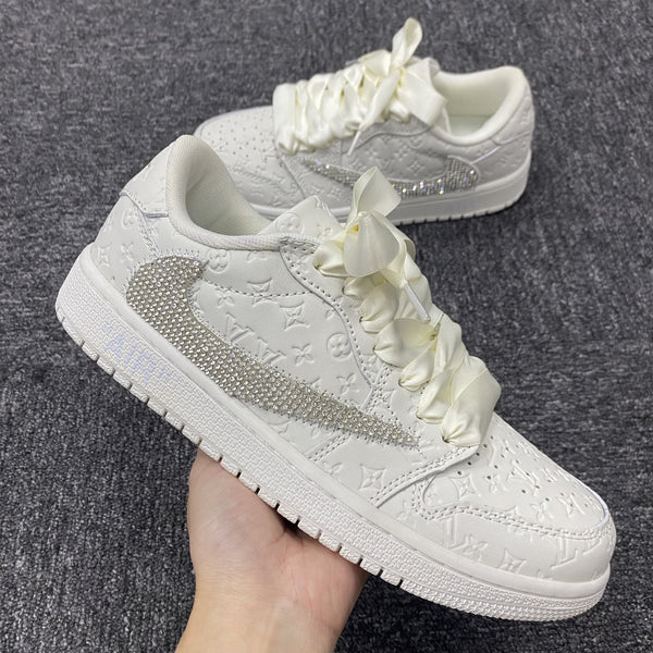 Custom Air Jordan 1 White LV Embossed With Rhinestones Swoosh