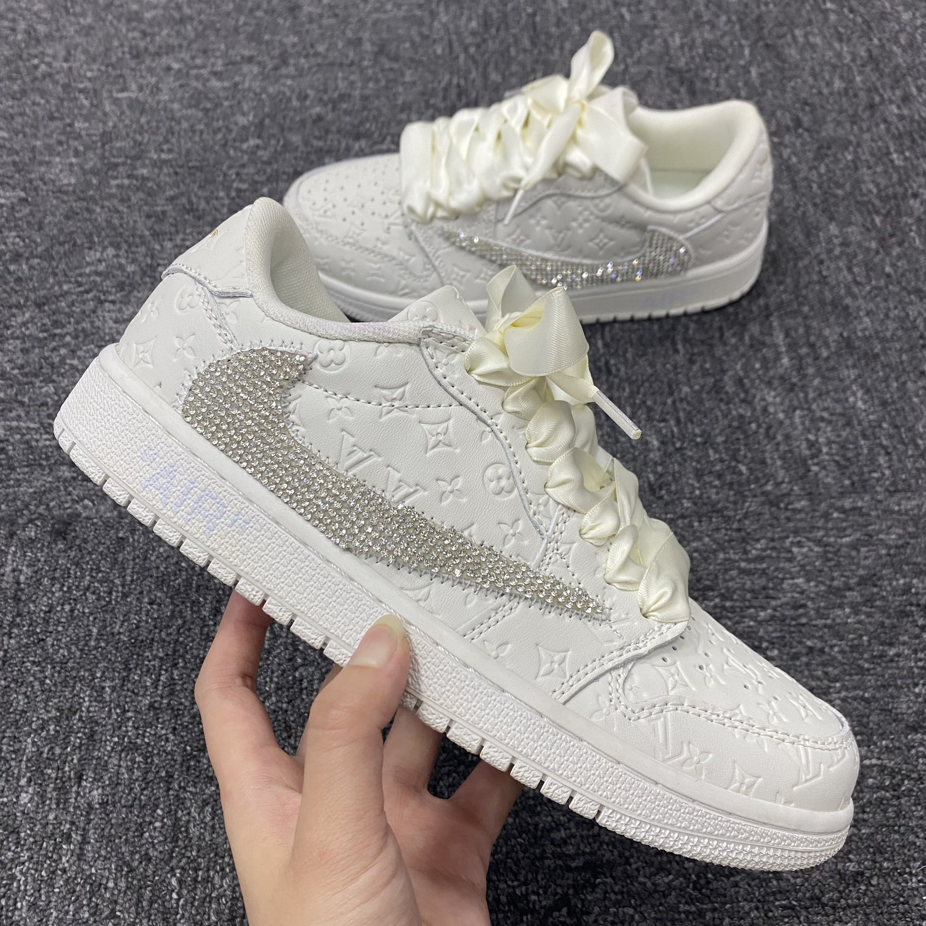 Custom Air Jordan 1 White LV Embossed With Rhinestones Swoosh