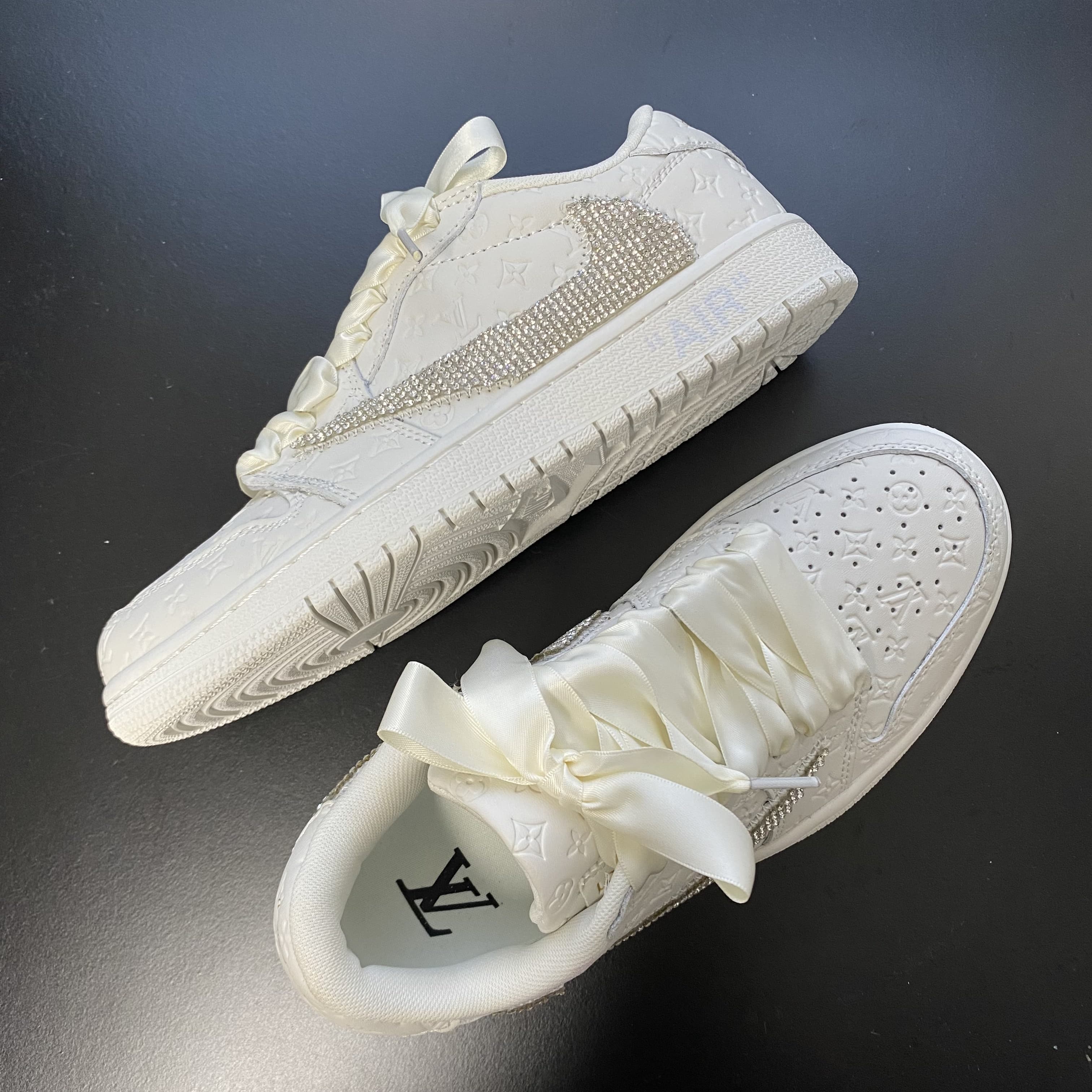 Custom Air Jordan 1 White LV Embossed With Rhinestones Swoosh