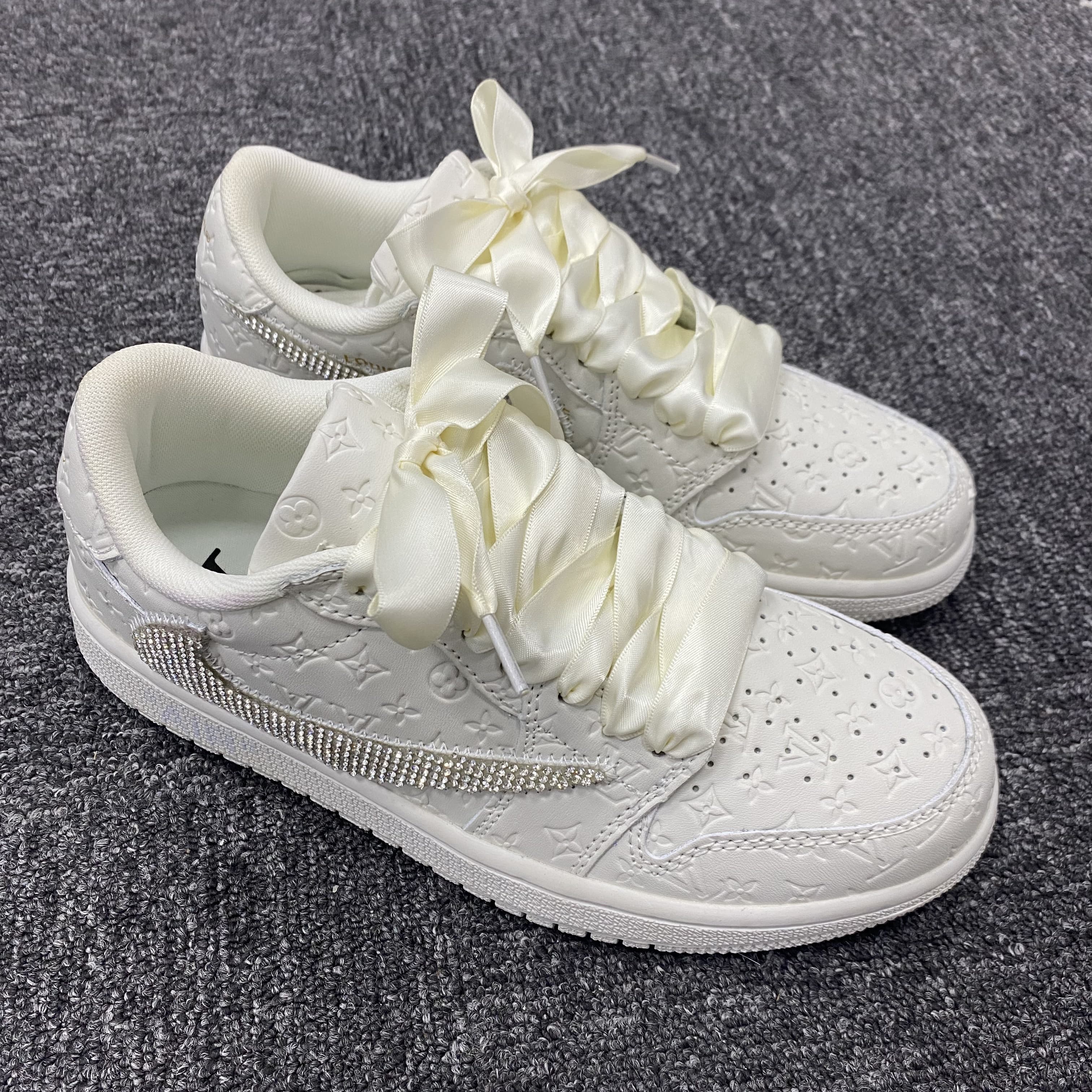 Custom Air Jordan 1 White LV Embossed With Rhinestones Swoosh