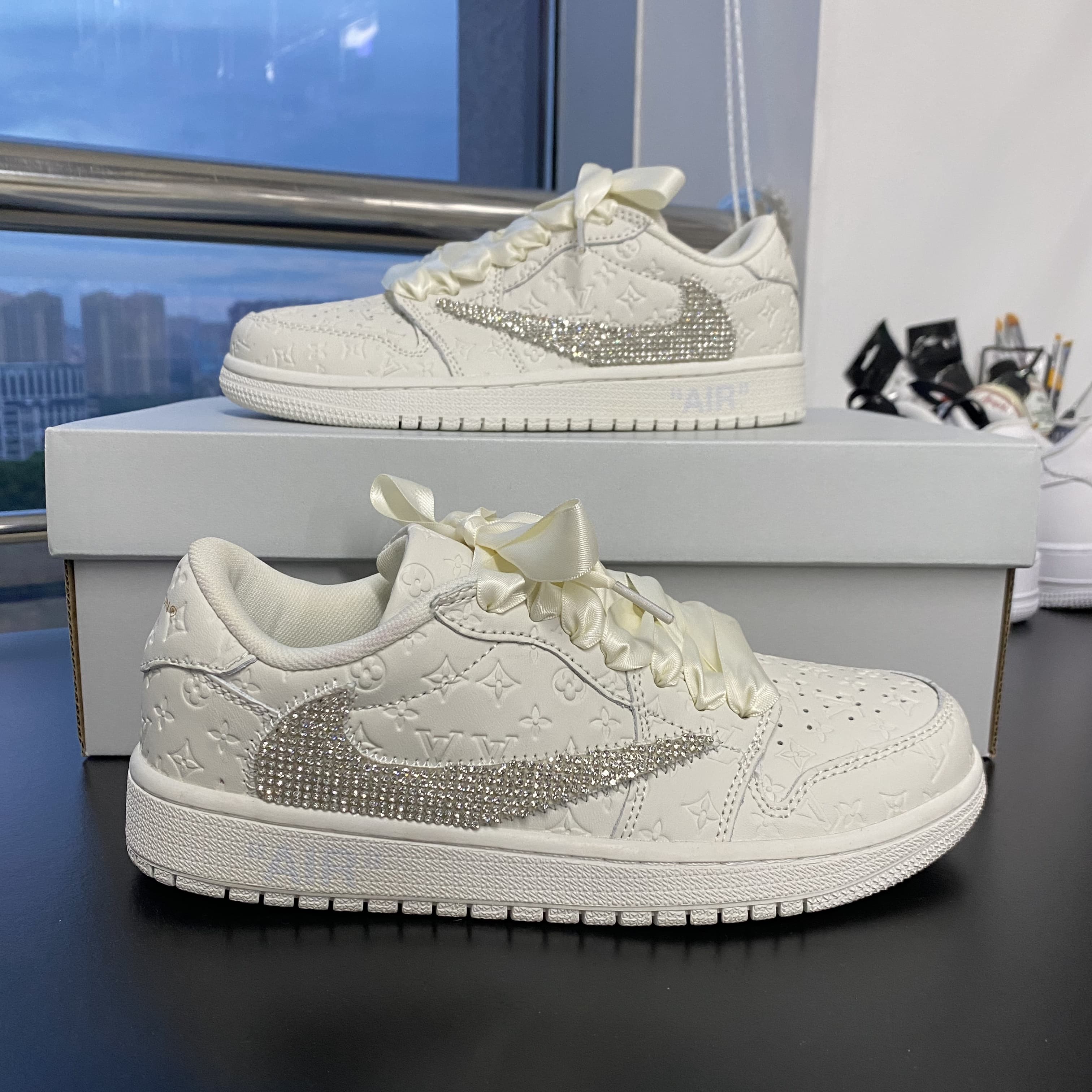 Custom Air Jordan 1 White LV Embossed With Rhinestones Swoosh