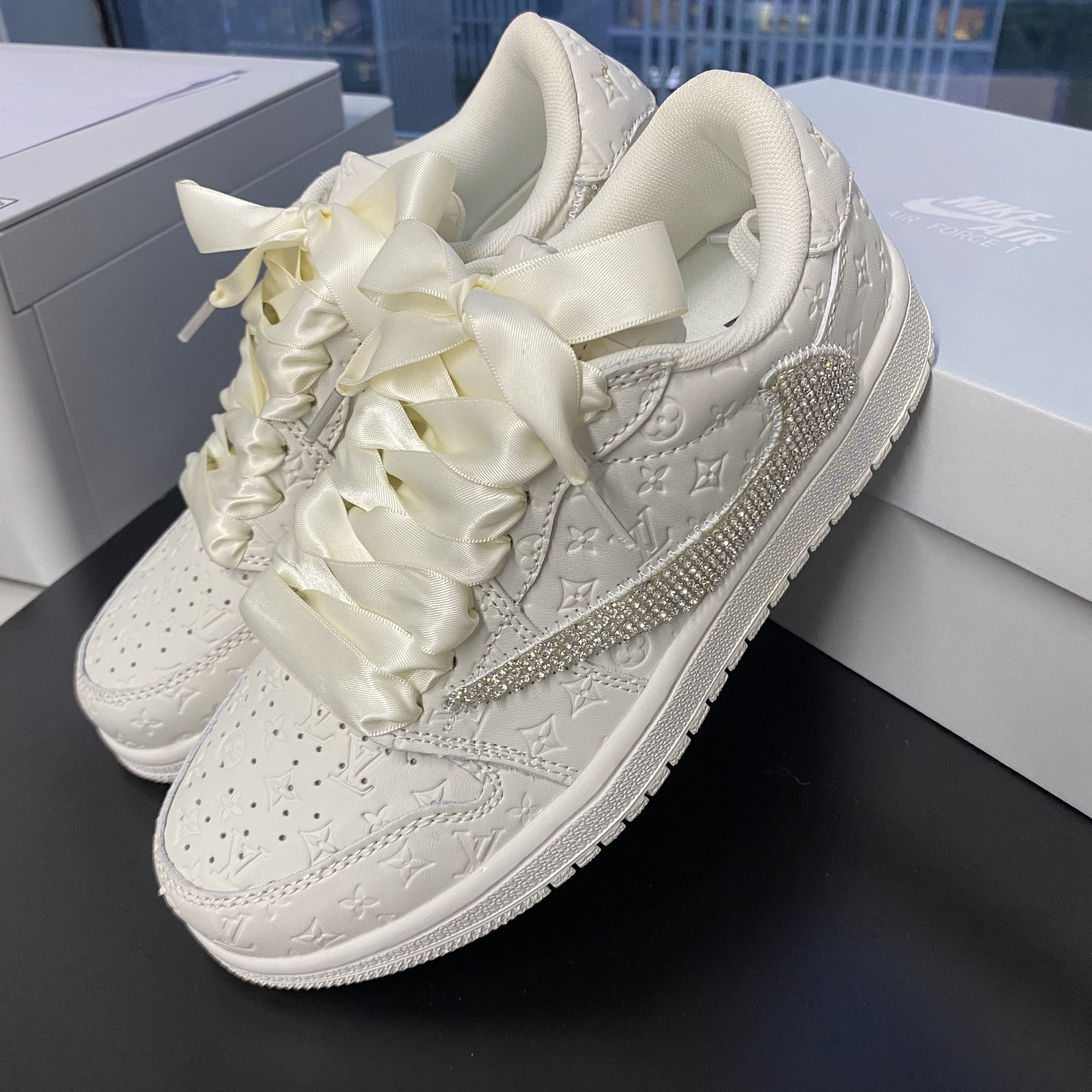 Custom Air Jordan 1 White LV Embossed With Rhinestones Swoosh