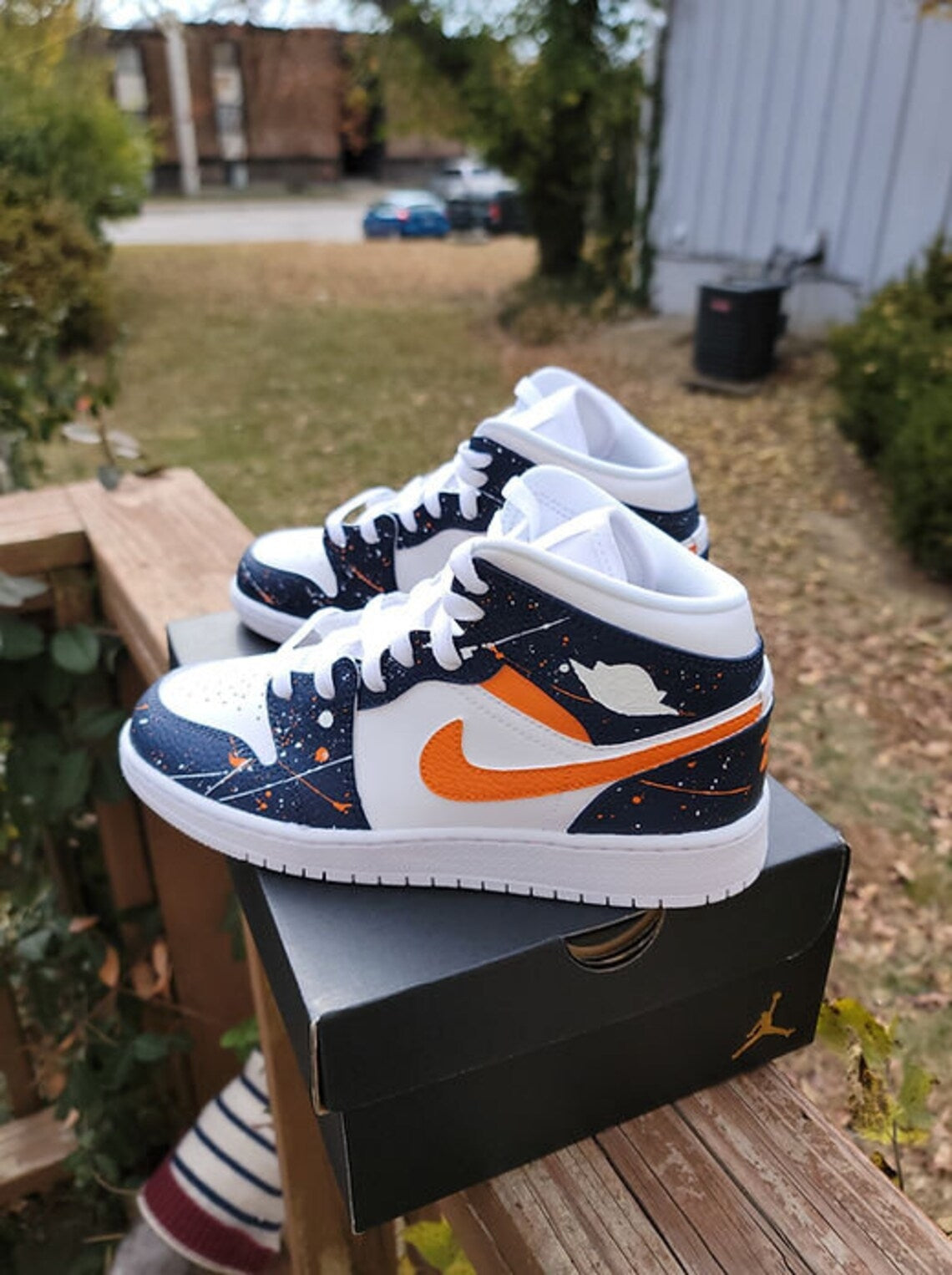 Custom Air Jordan 1 White Navy Orange Splatter Pattern