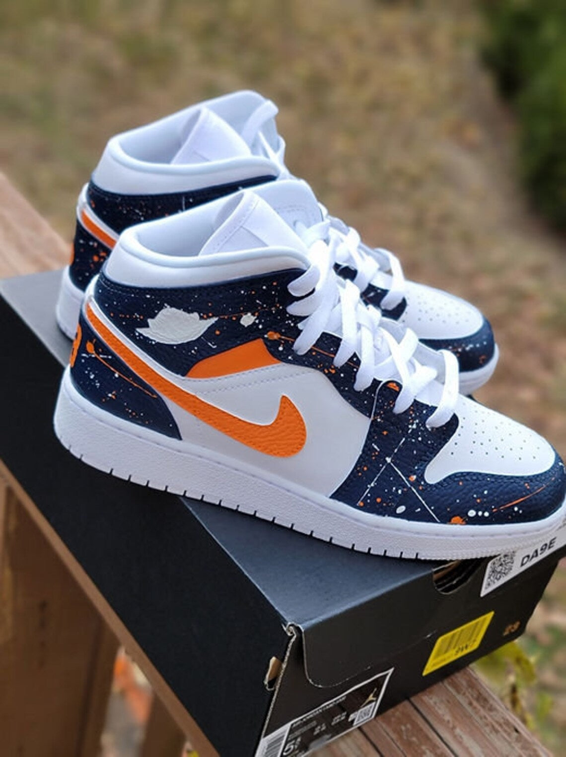 Custom Air Jordan 1 White Navy Orange Splatter Pattern