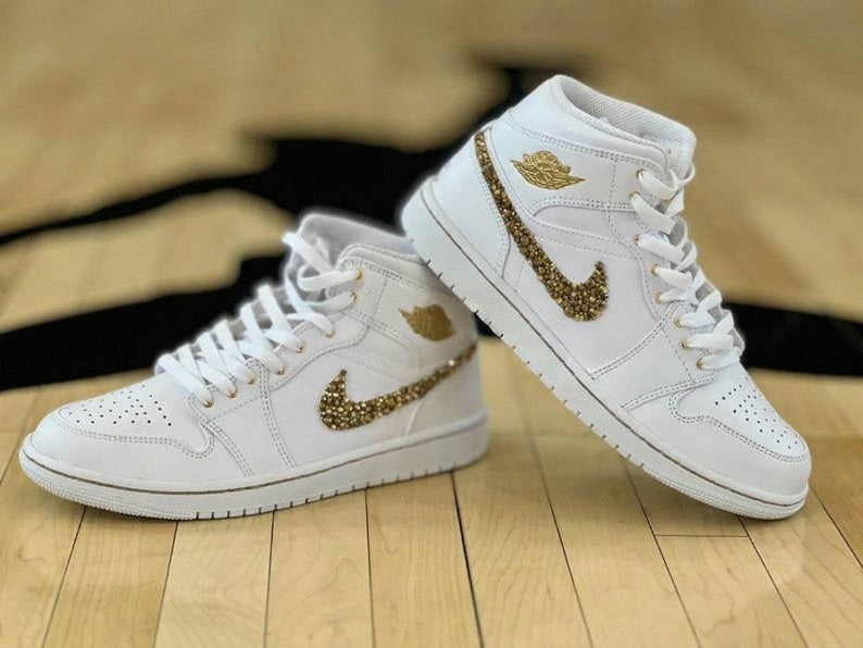 Custom Air Jordan 1 White With Gold Glitter And Personalized Text