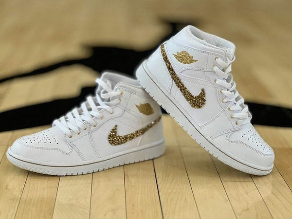 Custom Air Jordan 1 White With Gold Glitter And Personalized Text