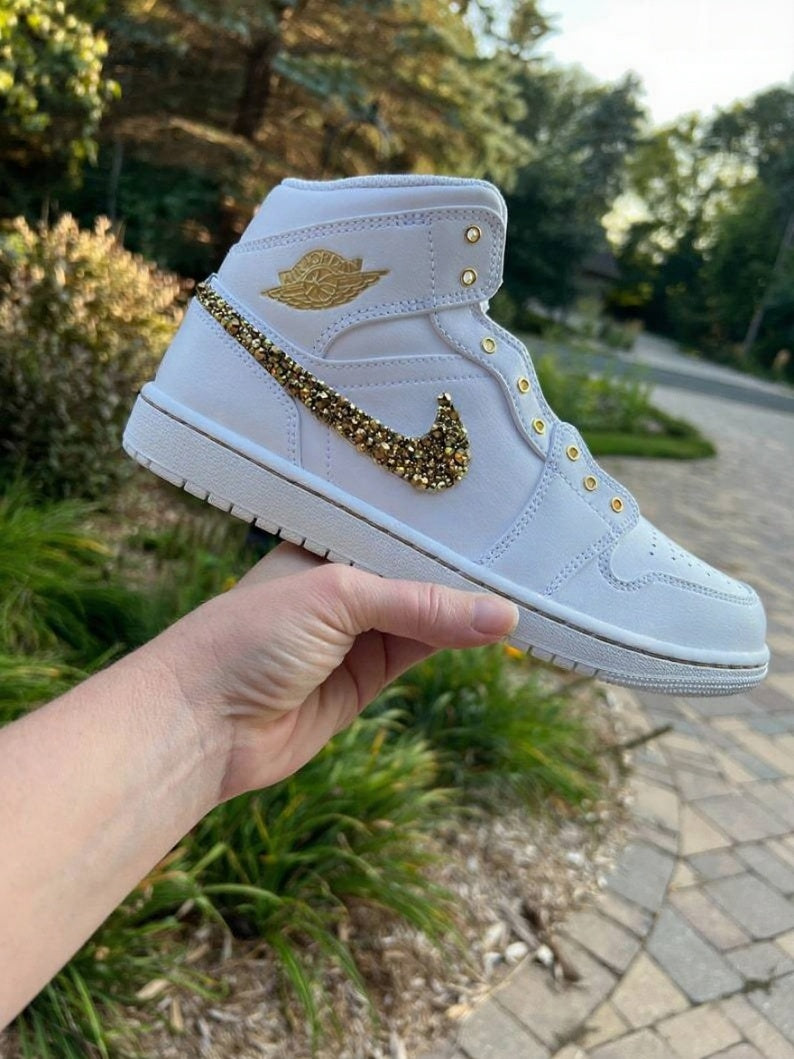 Custom Air Jordan 1 White With Gold Glitter And Personalized Text