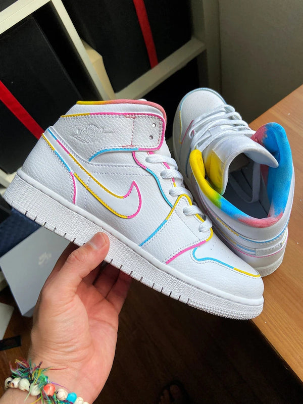 Custom Air Jordan 1 White With Multicolor Lines And Tie - Dye Collar