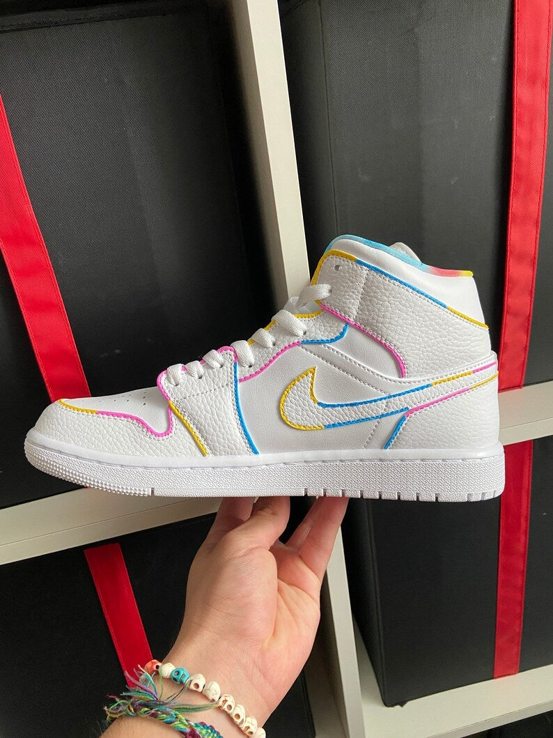 Custom Air Jordan 1 White With Multicolor Lines And Tie - Dye Collar