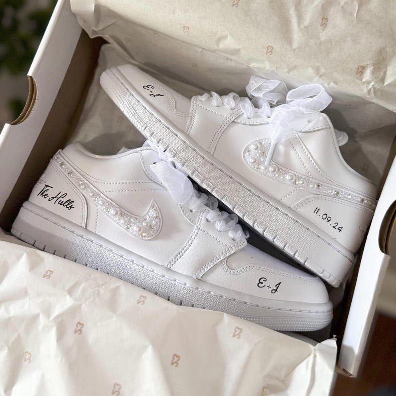 Custom Air Jordan 1 White With Pearls And Bows