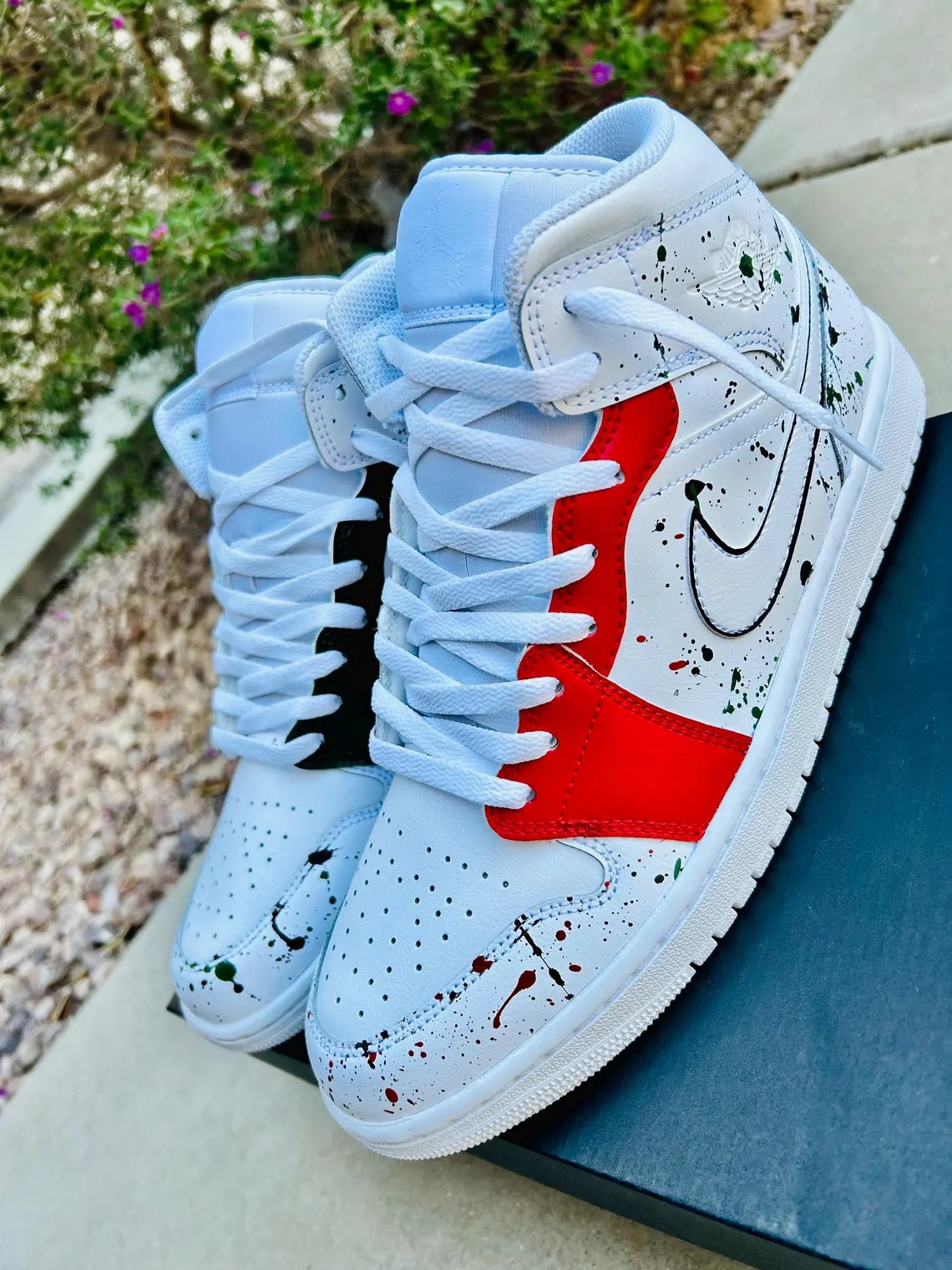 Custom Air Jordan 1 White With Red And Black Splatter Design