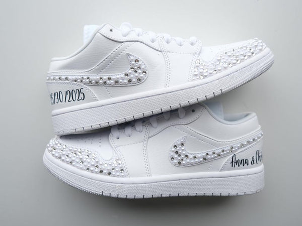 Custom Air Jordan 1 White With Rhinestones And Personalized Inscriptions