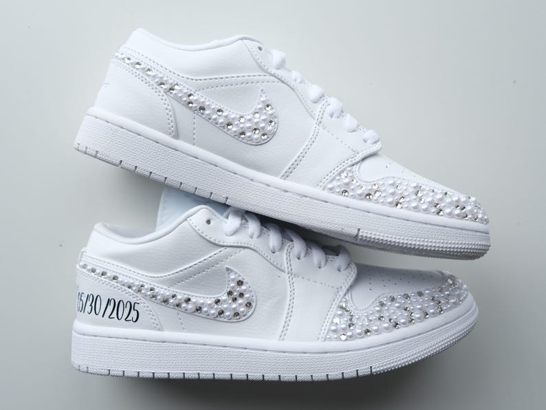 Custom Air Jordan 1 White With Rhinestones And Personalized Inscriptions