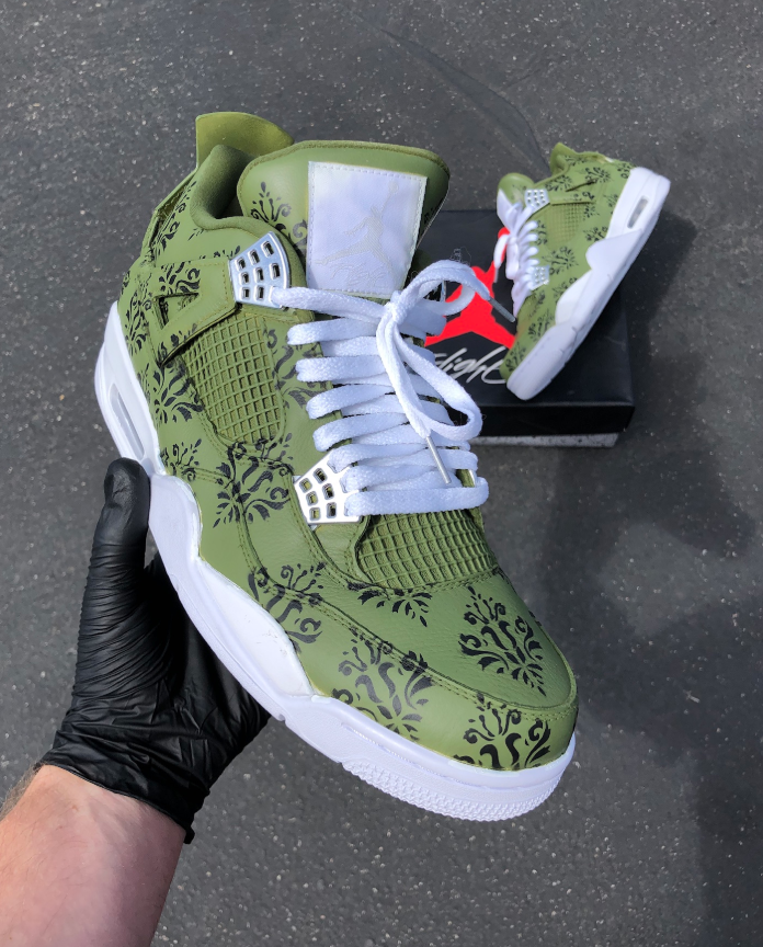 Custom Air Jordan 4 Olive Green with Black Floral Patterns – Unite Custom
