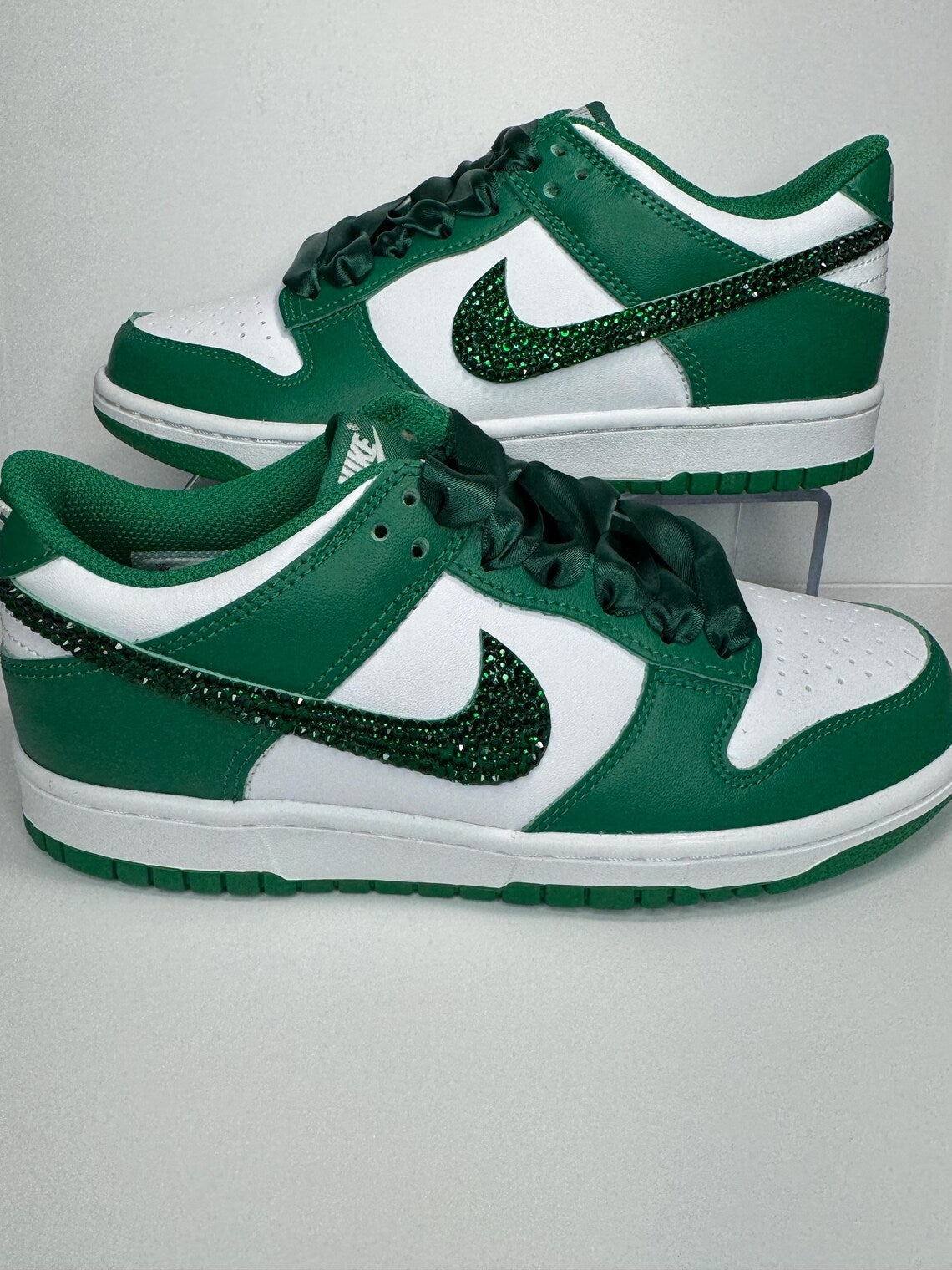 Custom Dunk Green White Rhinestones Satin Laces