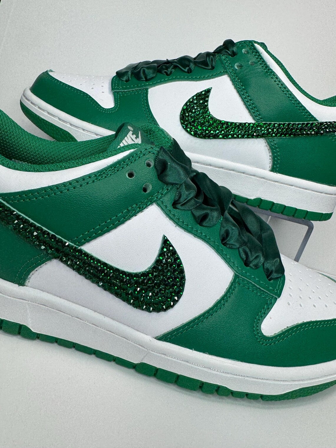 Custom Dunk Green White Rhinestones Satin Laces