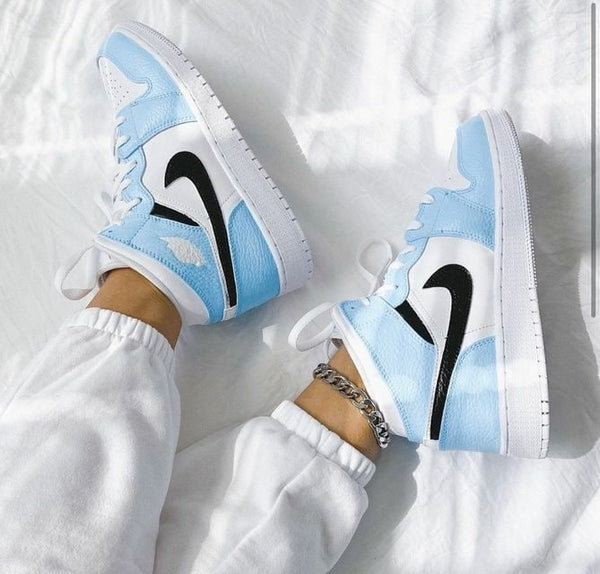 Custom Jordans Blue White Black Swoosh