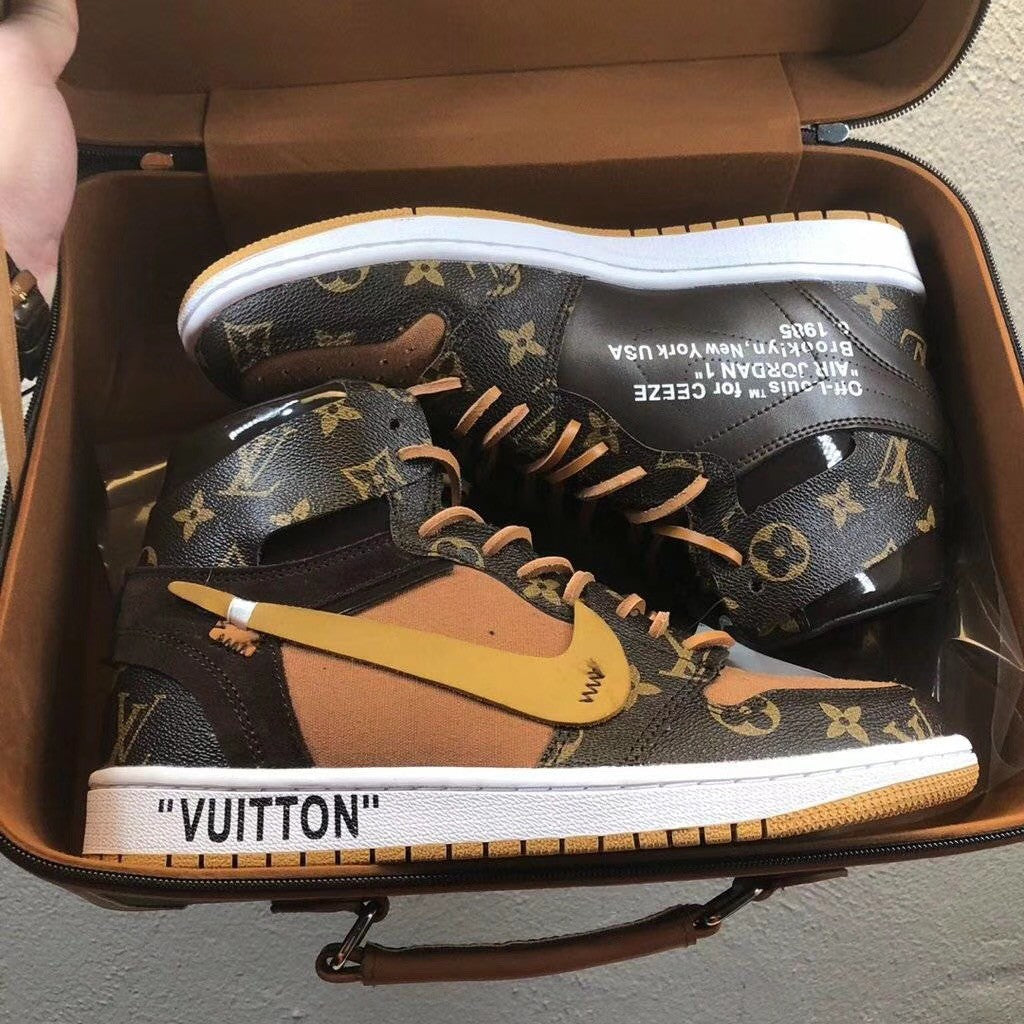 Custom Jordans Brown Khaki LV Logo High