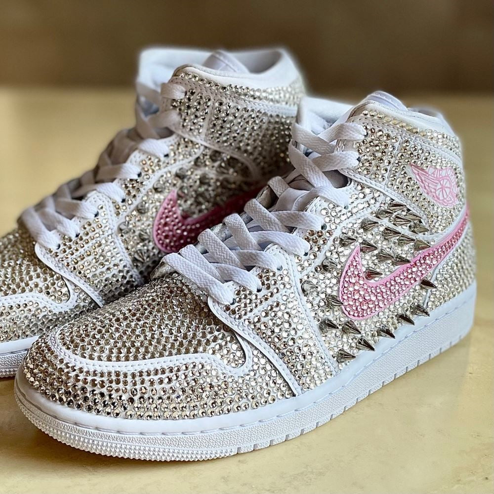 White-Pink Rhinestones Custom Air Jordan 1 x Wedding Sneaker